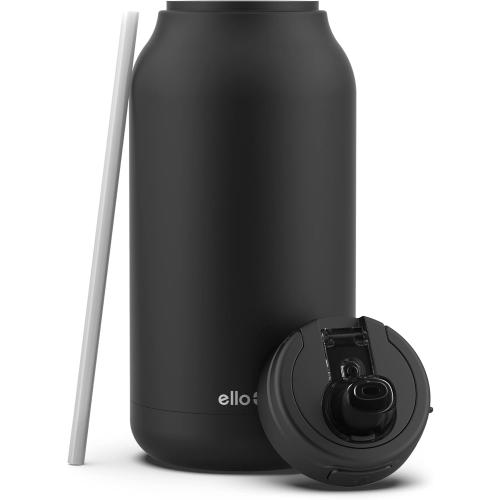 Ello Hydra 64oz Stainless Steel Water Jug with Locking Leak Proof Lid | Reusable Half Gallon Vacuum Insulated Metal Bottle with Silicone Straw, Keeps Drinks Cold All Day, Gift Ready, Black