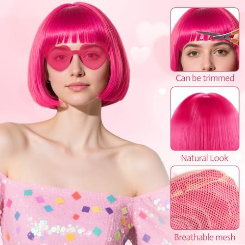 PLULON Hot Pink-Color Bob Wig with Heart Sunglasses Neon Colored Party Wig