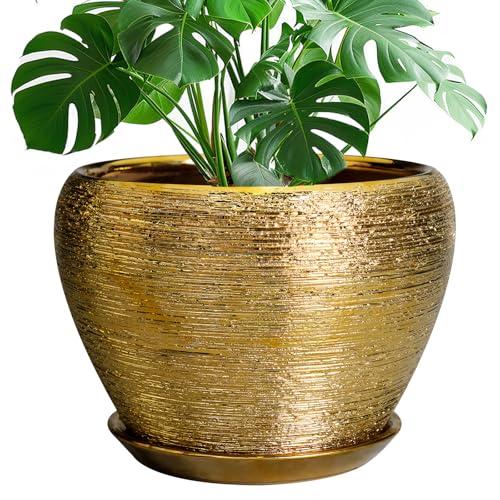 Ceramic Planter 10 Inch - Indoor Plant Pot with Drainage Hole and Saucer Large Decorative Planter Mid-Century Modern Flower Pot Outdoor for Home Decor Gold