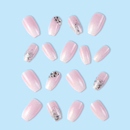 Medium Coffin Press On Nails Crystal Gem Design Fake Nails Acrylic Gradient Bling False Nails Reusable Ballerina Stick On Nails for Women and Girls （24 PCS）