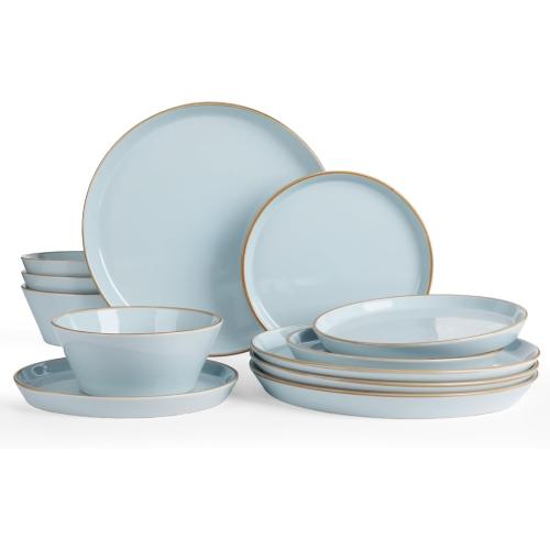 Famiware Saturn Dinnerware Sets, Plates and Bowls Sets, Stoneware Dish Set - Chip and Scratch Resistant, Microwave and Dishwasher Safe Tableware Set, Light Blue with Rim