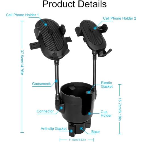 JINKEY Dual Cup Phone Holder for Car, 360°Rotatable Car Mount Adjustable Gooseneck Cell Phones Cup Holders Universal Fits for Most 4-6.7 i-Phone Mobile-Phone Automobile Cradles