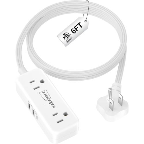 Flat Extension Cord 6 Feet - 4 AC Outlets 3 USB Ports (5V/3.4A 17W), Flat Plug Power Strip Compact for College Dorm, Travel, Cruise, Home, Office