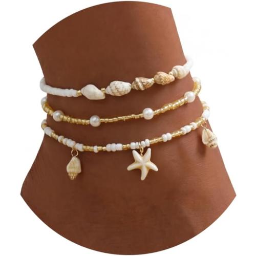 Qceasiy Shell Ankle Bracelet Set for Women, Gold Plated Boho Bead Adjustable Anklet, Hawaiian Beach Seashell Pearl Heart Starfish Conch Foot Jewelry Gifts