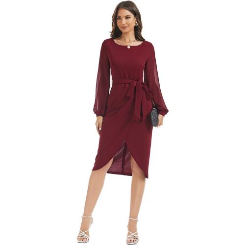Size M HELYO Women's Elegant V-Back Chiffon Long Sleeve Sheath Dresses Belted Ruched Casual Work Cocktail Party Midi Dress