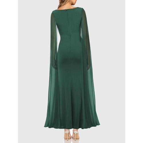 MEDIUM Lrady Women's Formal Evening Gowns High Split Ruffle Wedding Guest Cape Sleeve Cocktail Party Maxi Dresses