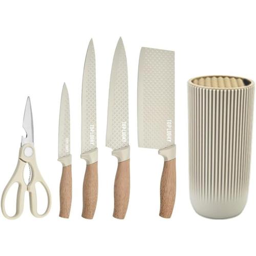 Knife Set, 6-Piece Khaki Kitchen Knife Set for Home, Anti-Rust Non-stick Stainless Steel Sharp Chef Knife Sets with Universal Knife Block for Kitchen, Ergonomical Design (Khaki)‼️Missing 2 pieces‼️