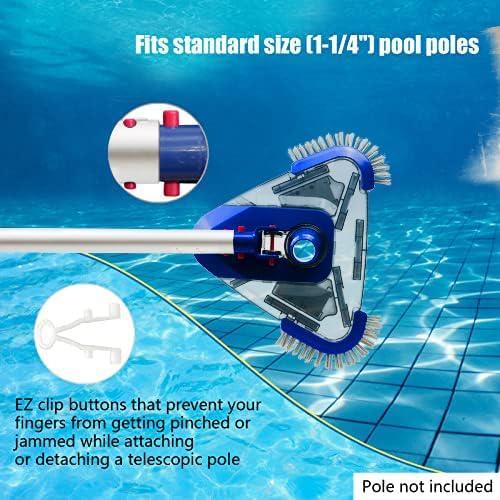 Poolvio Triangular Pool Vacuum Head with Side Brush, Swivel Hose Connection, EZ Clip Handle - Connect 1-1/4, 1-1/2 Hose for Inground and Above Ground Swmming Pools