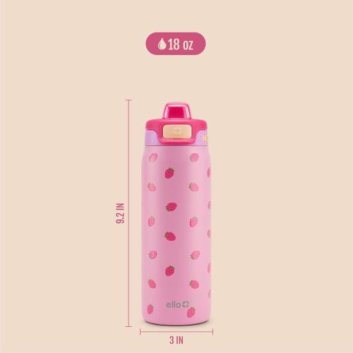 Ello Pop & Fill 18oz Stainless Steel Kids Water Bottle with Quick Fill Lid | Vacuum Insulated BPA Free Bottle with Leak Proof Straw and Chug Lid, Dishwasher Safe, Gift For Kids Teens, Strawberries