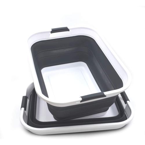 SAMMART 42L(11 gallon) Set of 2 Collapsible Plastic Laundry Basket-Foldable Pop Up Storage Container-Portable Washing Tub-Space Saving,Water capacity 34L(9 gallon) (2 rectangular - strengthen, black)