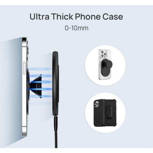 Wireless Charger for Thick Cases of 10MM/Popsocket/OtterBox, Phone Charger Pad, 15W Max Wireless Charging Pad for iPhone 16 Pro Max/15/14/13/12/11/Samsung Galaxy S24/S23/AirPods(with Adapter)