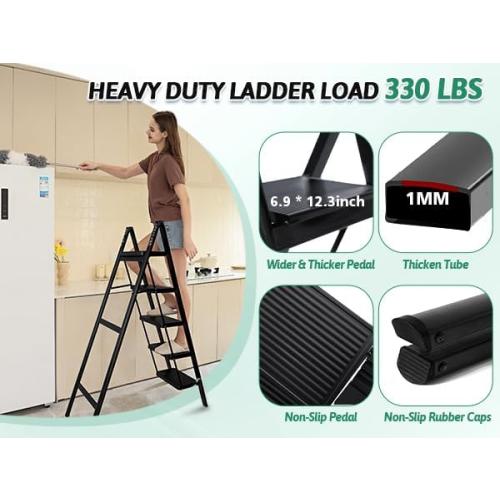 5-Step Folding Ladder for Home Use, Heavy-Duty Step Ladder with Anti-Slip Wide Steps, Portable Foldable Ladder, 330 lbs Load Capacity