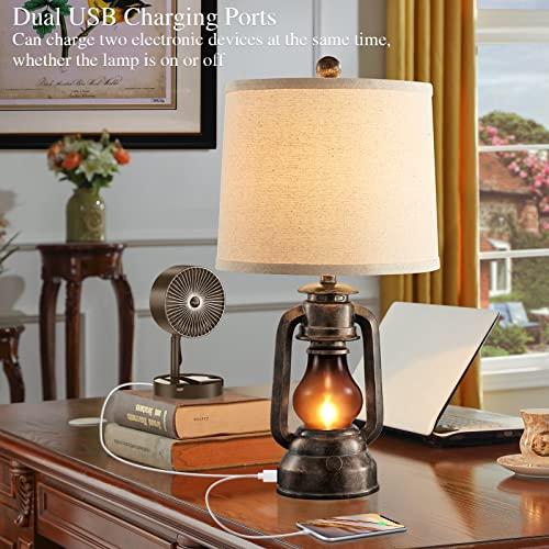 RORIANO Farmhouse Lantern Table Lamps for Living Room Set of 2, Vintage Bedroom Resin Lamp with Dual USB Charging Ports, Rustic Retro Bedside Nightstand Desk Lamp, 4 Bulb Included