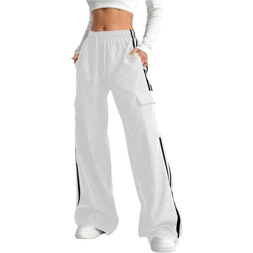 Size M Verdusa Women's Cargo Pants Baggy Straight Wide Leg Track Pants Striped Joggers with Pockets Athletic Streetwear