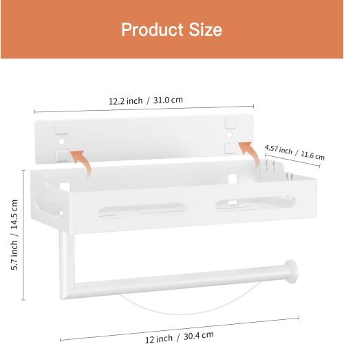 Paper Towel Holder Wall Mount with Shelf, Easy One Hand Tear, Adhesive Glue or Drill Mount Hanging Paper Towel Holder with Shelf for Kitchen/Bathroom/RV, White Metal, 4 Hooks