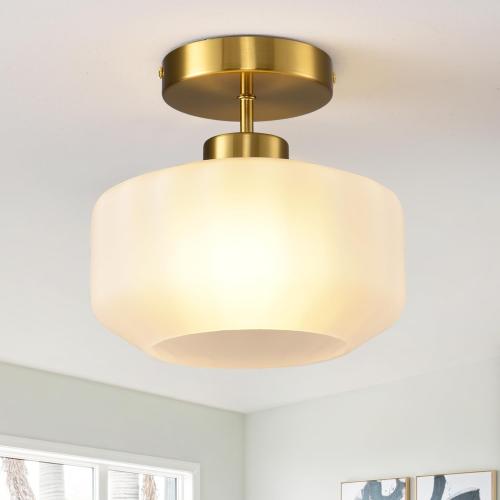 Industrial Gold Matte Light Fixtures Ceiling Mount, with Frosted Glass Shades Semi Flush Mount Ceiling Light, for Hallway Fixtures Kitchen, Foyer