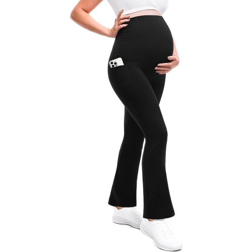 Black Medium Leafigure Maternity Flare Leggings with Pockets Over The Belly Yoga Pants for Workout Soft Pregnancy Activewear