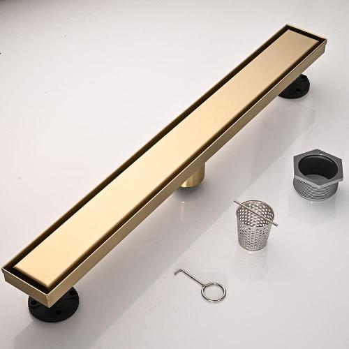 Linear Shower Floor Drain, Brushed Gold 48 Inch 304 Stainless Steel Bathroom Drains Kit, Rectangular Shower Trench Drain with Reversable Tile-in Pattern Drain Cover & Hair Catcher