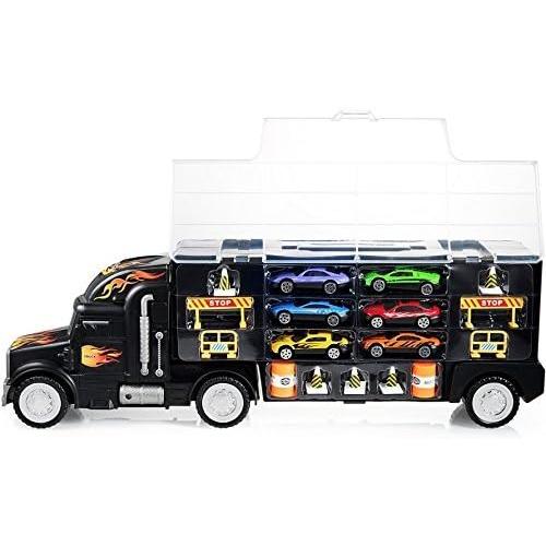 Toy Truck Car Carrier - Includes 6 Toy Cars and Accessories, Fits 28 Toy Car Slots - Great Gift for Boys and Girls - Original - By Play22