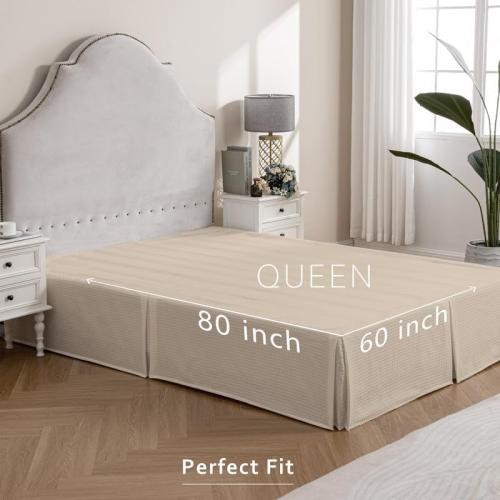 MIYE Pleated Waffle Weave Bed Skirt, Tailored Dust Ruffle 14 Inch Drop Easy Fit, Machine Washable,No Split Corners (Beige, Queen - 14 Drop)
