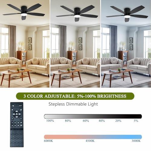 Ceiling Fans with Lights, 52 Low Profile Indoor Ceiling Fan with Light and Remote Control, Dimmable, Noiseless, Reversible, Black Ceiling Fan for Bedroom, Indoor/Outdoor Use