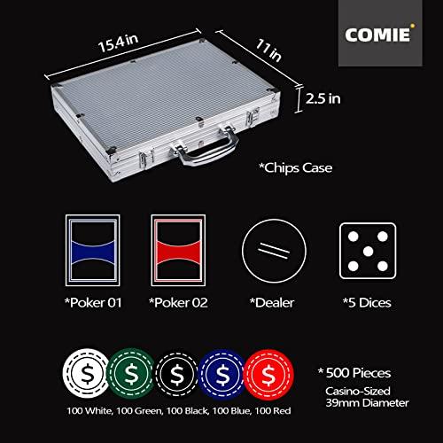 Comie Poker Chips,500PCS Poker Chip Set with Aluminum Travel Case,11.5 Gram Poker Set for Texas Holdem Blackjack Gambling | Aluminum Travel Case, For Texas Holdem Blackjack Gambling