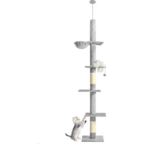 Floor to Ceiling Cat Tree,5 Tiers Tall Cat Tower with Adjustable Height(98-110),Cat Tree Floor to Ceiling with Cozy Hammock,Sisal Scratching Posts,Platforms,and Hanging Balls for Large Cats