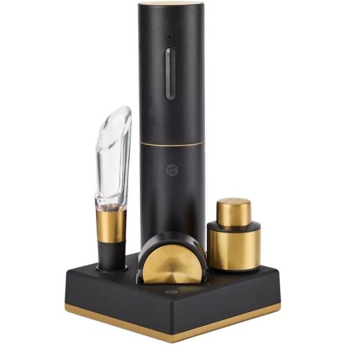 RBT 5-Piece Electric Wine Set with Automatic Corkscrew, Aerator, Foil Cutter, Vacuum Preserver, Charging Base, Black and Gold