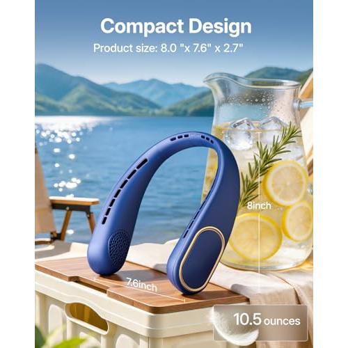 SHEWIND Portable Neck Fan - Hands Free Personal Fan, Rechargeable Bladeless Fan with 5000mAh-Battery, Digital Display, 4 Speeds, Birthday Gifts for Men, Women, Mom, and Dad - Blue