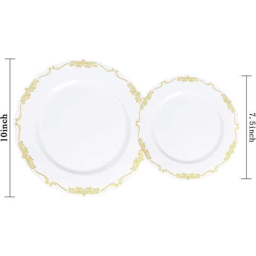 U-QE 100PCS Gold Plates Disposable - Heavy Duty White and Gold Plates Including 50PCS 10'' Dinner & 50PCS 7.5'' Dessert Plates Perfect for Upscale Party, Wedding