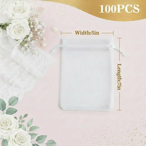 Sukh 100pcs Organza Bags 5''x7'' - White Sheer Mesh Drawstring Bags for Jewelry, Soap, Fruits, Candy, Small Gift Bags for Weddings, Valentine's Day, Mother's Day, Halloween, Thanksgiving, Christmas