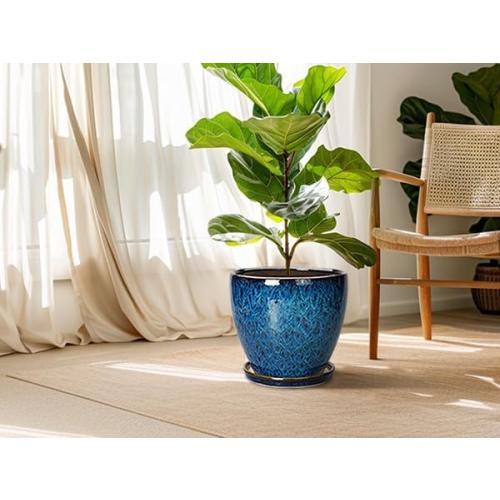 10 Inch Ceramic Planter Pot Round Plant Pot for Indoor Plants Outdoor Large Flower Pot with Drainage Hole and Saucer Blue
