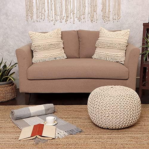 REDEARTH Round Pouf Ottoman - Cable Knitted Boho Poof - Home Décor Cord Pouffe Handmade Circular Footrest for Living Room - Bedroom - Kids Bedroom - 100% Cotton Pouf (18 x 18 x 14) - Ivory