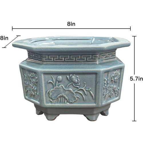 8-Inch Large Octagon Bonsai Pot Light Blue Water Glaze Bonsai Tree Ceramic Flower Pot Handmade