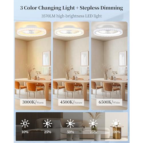Ceiling Fans with Lights and Remote - 20'' Low Profile Ceiling Fan, 3000-6500K Dimmable Modern Flush Mount LED Fan Light, 6 Speeds, Quiet DC Motor, White Ceiling Fans for Bedroom, Living Room