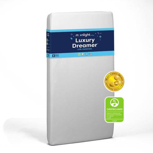 BLUE AND WHITE Moonlight Slumber Luxury Dreamer Crib Mattress - Dual-Sided, 2-Stage Baby and Toddler Mattress with Cool Memory Foam Layer and Breathable Mattress Cover - Hypoallergenic and Waterproof - 52x27.5x6