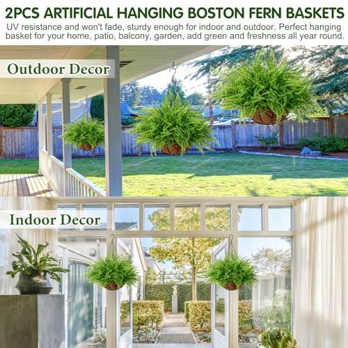 KHOYIME Artificial Hanging Plants with Basket 2PCS Fake Boston Fern Baskets, Outdoor Faux Greenery Stems Hanging Decor UV Resistant Indoor Outside Decorations for Home Garden Porch Balcony Patio Yard