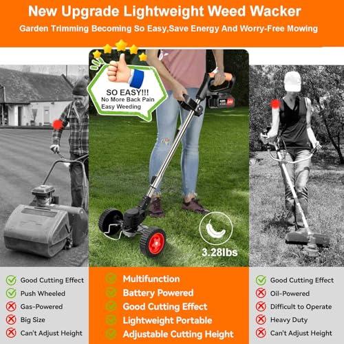 Weed Wacker Cordless,24v Electric Weed Eater Battery Powered,3 in 1 Lightweight Grass Trimmer with 2 4.0 Ah Batteries & Charger,Height Adjustable Wheeled Brush Cutte for Lawn Care,Garden,Yard (red)