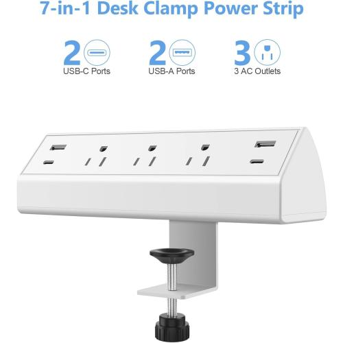 Jgstkcity Desk Clamp Power Strip,40W Total Fast Charging Station,2 PD 20W USB C Ports,Desk Edge Mount Surge Protector for Home, Office,3 Outlets,Fit 1.96 Tabletop Edge,ETL Listed,White