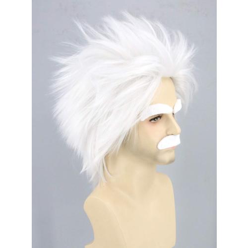 Topcosplay Mad Scientist Wig and Moustache Eyebrows Short White Halloween Costume Cosplay Wigs