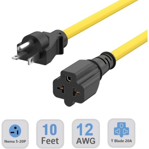 10-Ft Nema 5-20P Extension Cord 12AWG 125V 20 Amp Nema 5-20 Extension Cable
