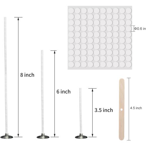 300Pcs Functional Smokeless Candle Wicks - Pre Waxed Cotton Wick with Metal Sustainer Tabs for Pillar Candle Making and DIY, 9cm/3.5in, 15cm/6in, 20cm/8in