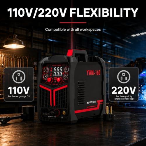 YESWELDER 160A MIG Welder, 110V/220V MIG/Flux Core/Lift TIG/Stick | 4-In-1, synergic control, clear digital display, efficient setup, beginner friendly
