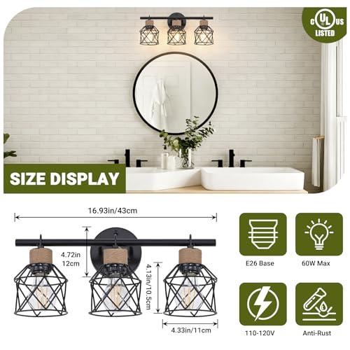 3-Light Farmhouse Bathroom Vanity Light Fixtures Over Mirror, Matte Black Vanity Lights with Metal Cage Lampshade, Vintage Bathroom Sconces Wall Lighting for Living Room Bedroom Hallway Cabinet