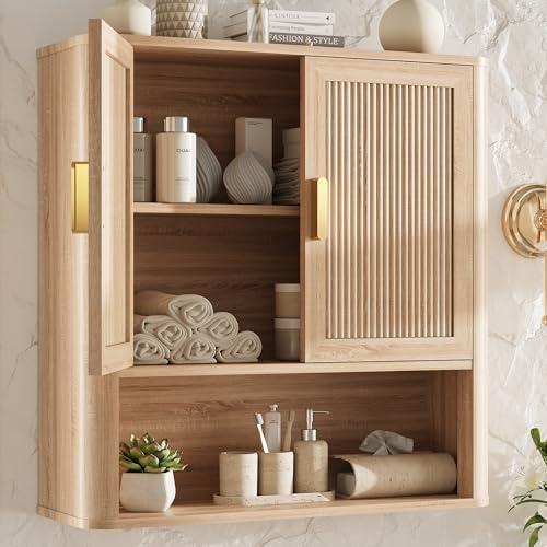 Bathroom Storage Cabinet, Medicine Cabinet with Adjustable Wood Shelf & Doors, Over The Toilet Storage Cabinet for Laundry Room & Kitchen & Living Room (Natural Oak)