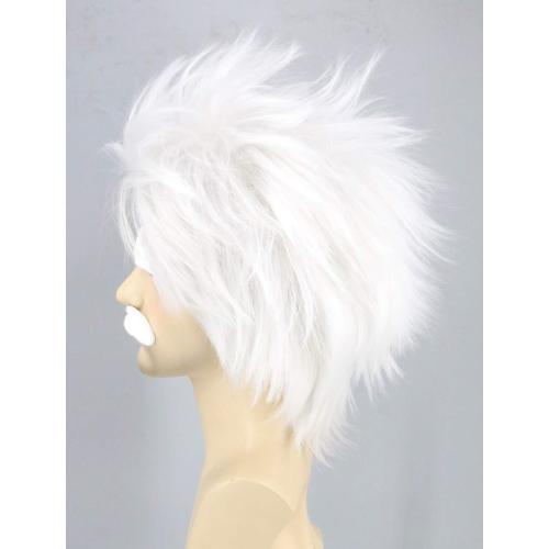 Topcosplay Mad Scientist Wig and Moustache Eyebrows Short White Halloween Costume Cosplay Wigs