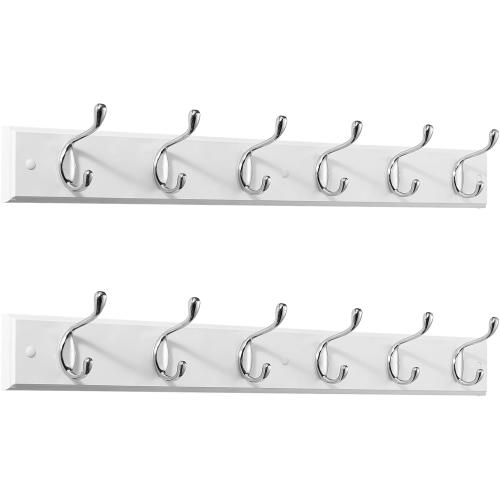 Coat Rack Wall Mount 2 Pack, White Coats Hangers with 6 Metal Silver Hooks for Hanging Jacket, Coat and Bags Hook Single Prong, Wall-Mounted Hanging Hooks for Hats, Clothes in The Entryway, Bedroom