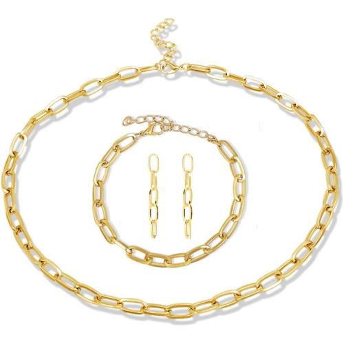 14K Gold Plated Paperclip Alloy Link Chain Choker Necklace Bracelet Earrings Set Punk Oval Dainty Chunky Chain Flat Link Costume Jewelry Set for Women Men Party Gifts Jewelry