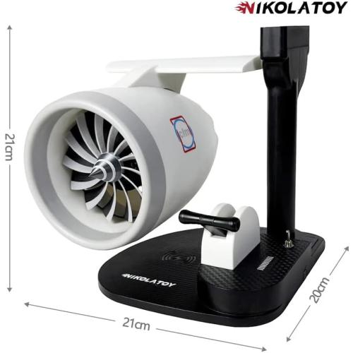 NIKOLATOY Jet Engine Fan Model Desk Gadget with Wireless Charger, Turbofan Engine Model Display with Rotating LED Blades, Creative Desktop Jet Fan Office Decor Engineering Gift for Men (Blue)