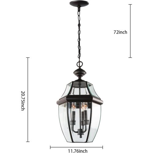 Large Outdoor Pendant Light Fixture 3-Light, 20in Modern Bronze Outdoor Chandelier Hanging Porch Light, Metal Exterior Ceiling Mount Hanging Lantern with Clear Glass for Front Door, Entrance, Gazebo